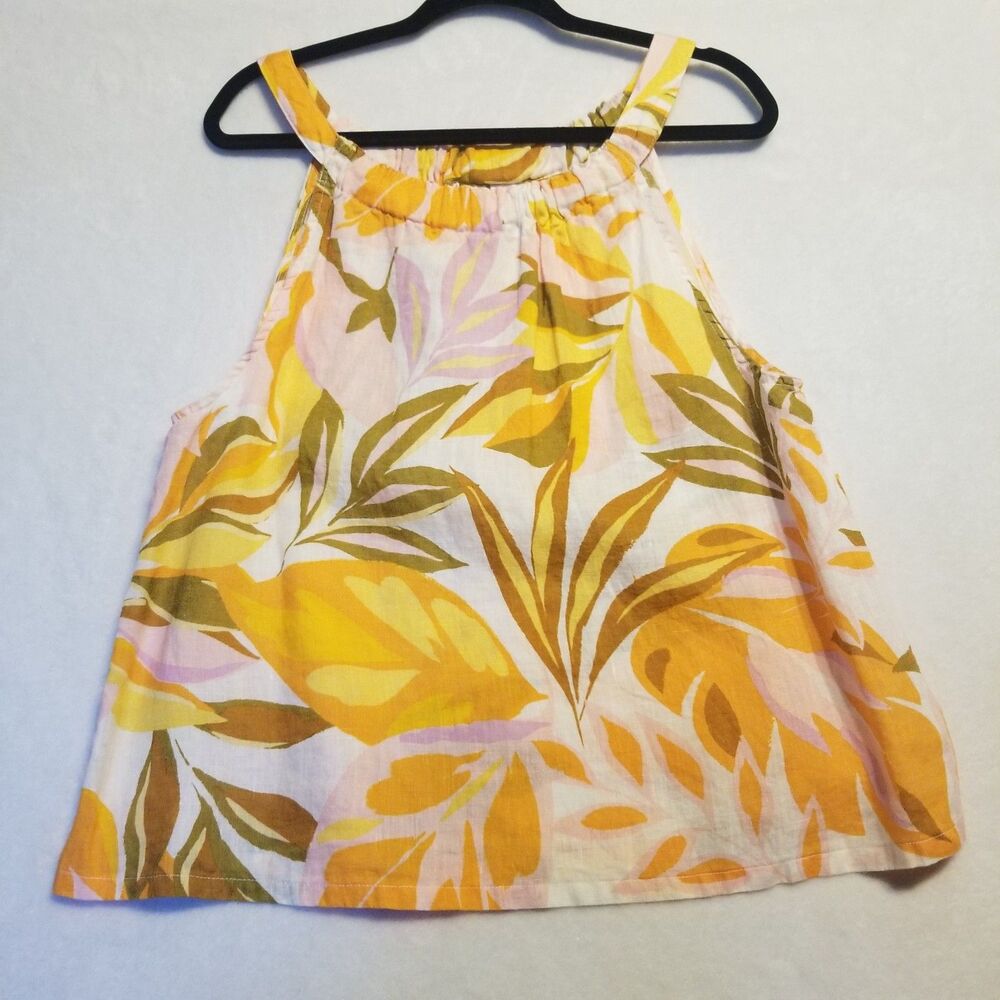 C&C California L Top 100% Linen Orange Floral Summer Tropical Vacation Coastal